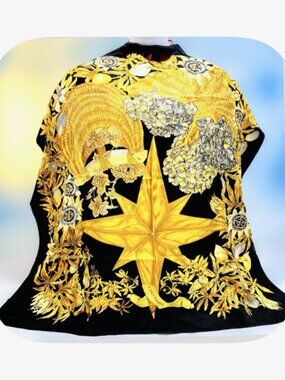 Vintage  Hermes Paris 100%  silk scarf 34" Passsiflores  Black   Gold Basket (57